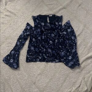Hollister Navy Floral Cold Shoulder Bell Sleeve Blouse Small Sheer